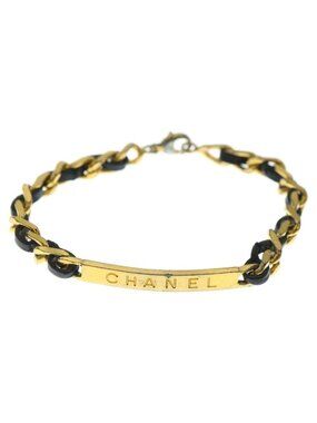 Chanel Chain Bracelet Black Gold Leather